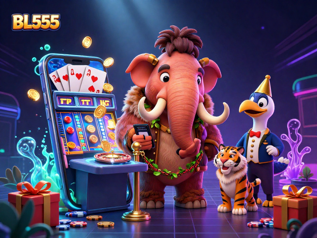 Engage with BL555 at a vibrant casino scene featuring unique characters and exciting gaming elements.