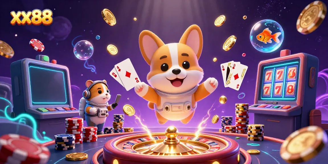 Win big with the exciting xx88 space casino adventure featuring a playful corgi and colorful game elements.