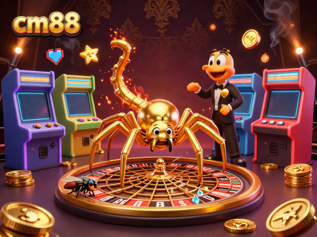 Experience thrilling gaming adventures at cm88 with this vibrant casino-themed illustration featuring a golden spider.