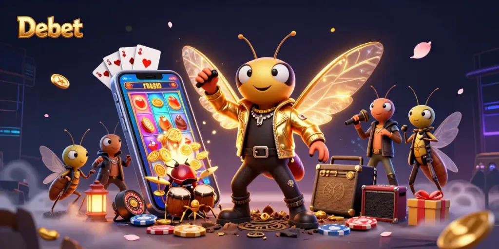 Debet slots excitement featuring a cicada rock star and a beetle drummer in immersive 3D casino scene.