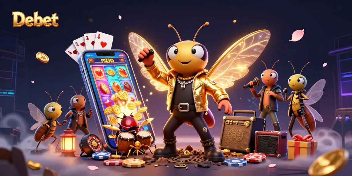 Debet slots excitement featuring a cicada rock star and a beetle drummer in immersive 3D casino scene.