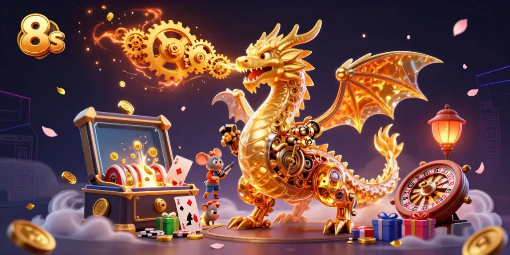 Experience the thrill of 8s with a golden dragon breathing gears amidst vibrant casino games.