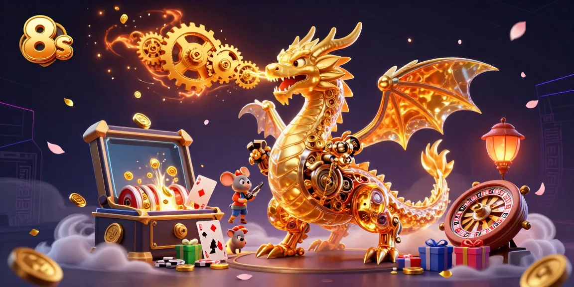 Experience the thrill of 8s with a golden dragon breathing gears amidst vibrant casino games.
