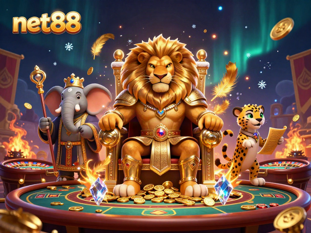 Experience the thrill of net88 with a 3D illustration of a lion king, elephant advisor, and cheetah messenger in a vibrant casino.