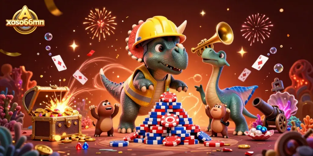 xoso66mn celebrates with dinosaurs in a casino scene of poker chips and treasure.