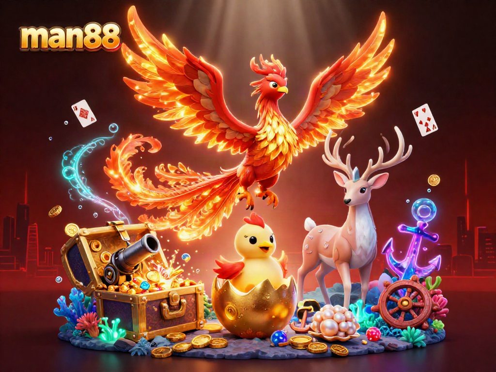 Experience gambling excitement with man88 as a fire phoenix and baby phoenix amidst gold coins and glowing visuals.