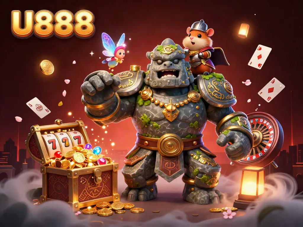 U888 engaging in thrilling slots and casino magic within a vibrant 3D realm.