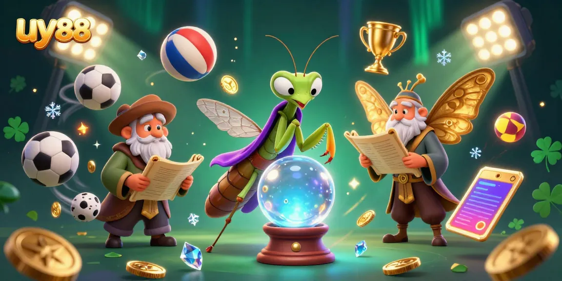 Experience the thrill of uy88 with a mystical fortune teller and sports elements in a vibrant 3D scene.