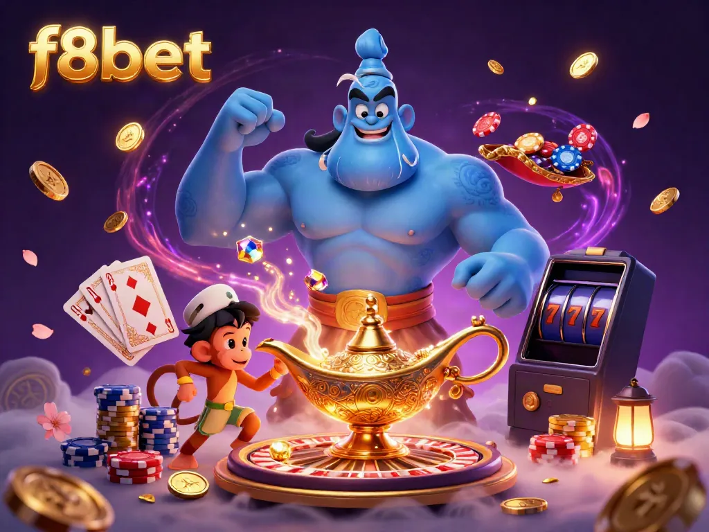 Experience the thrill of f8bet with a magical scene featuring a genie, monkey, and poker chips.