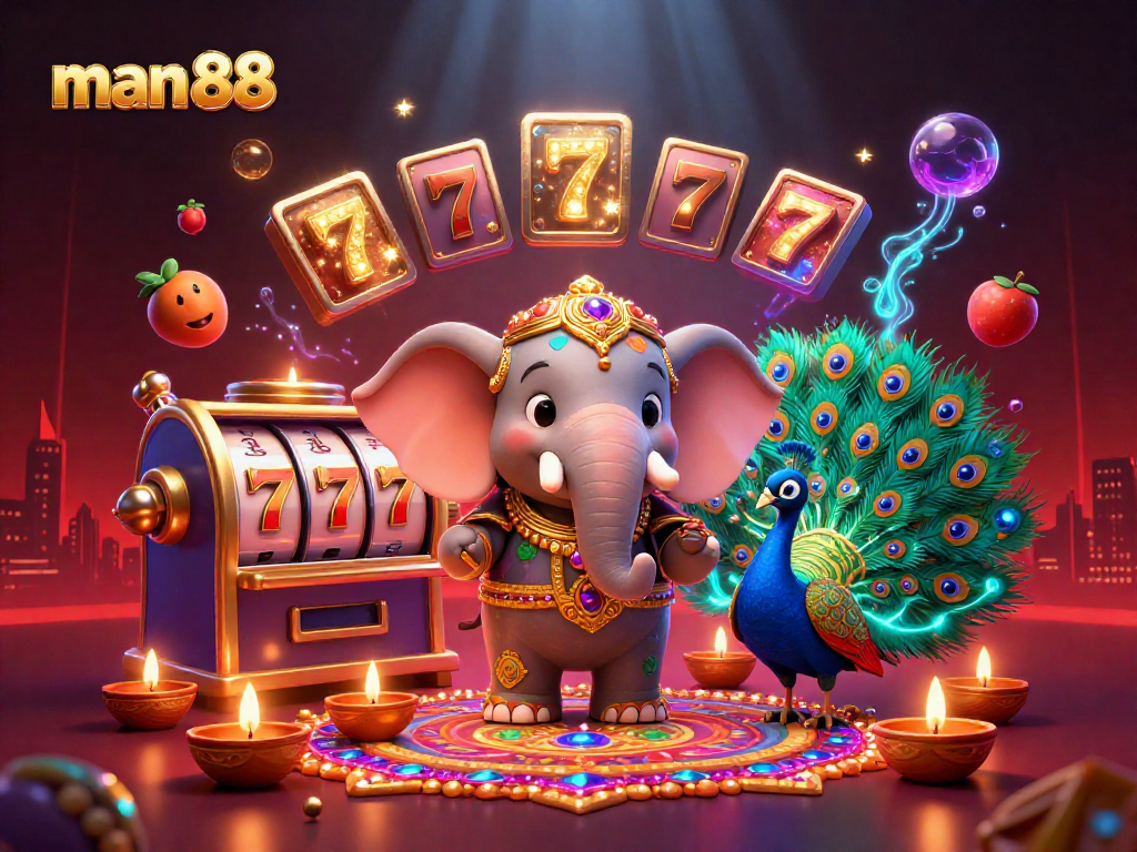 Experience thrilling moments at man 88 with lively slots accompanied by colorful characters in a vibrant casino scene.