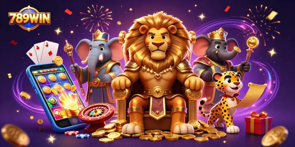 Engage with exciting gaming scenes at 789WIN featuring a lion king and casino elements.