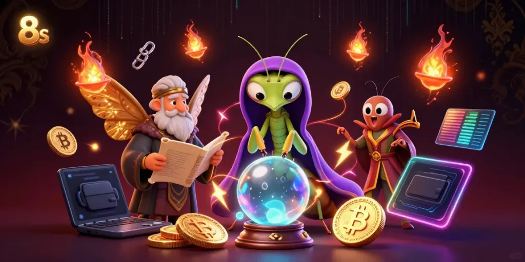 Engage with the 8s fortune teller scene, featuring casino magic, crypto, and mystical elements.