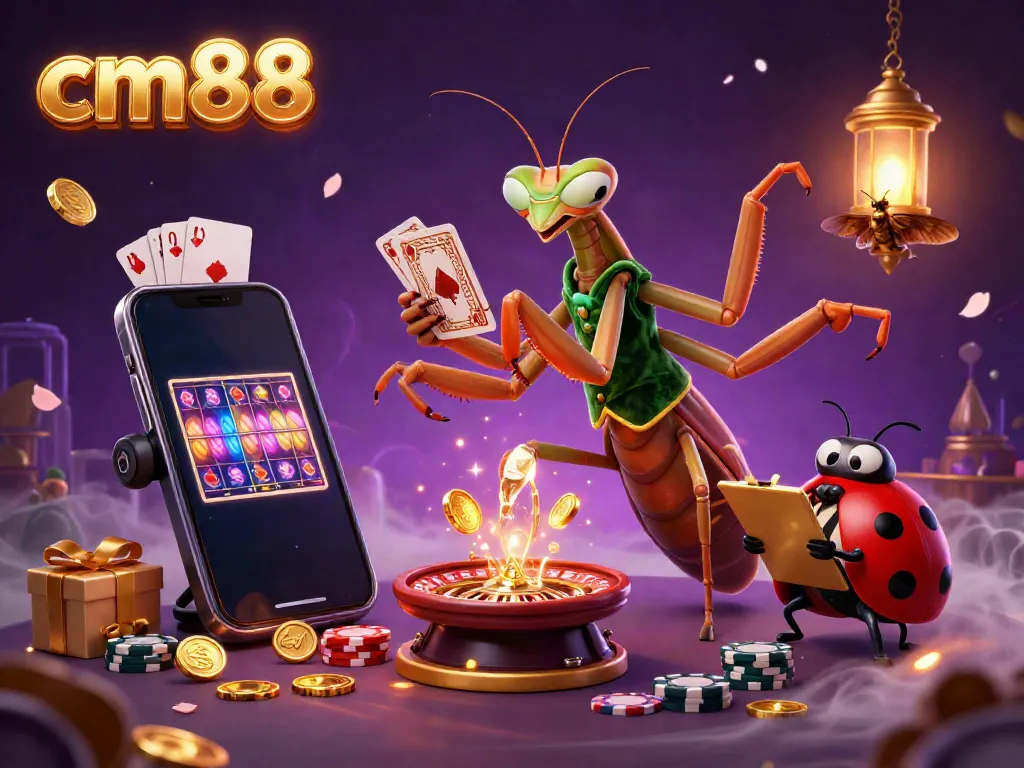 Experience exciting gaming with cm88 as colorful slot reels and chips interact in a vibrant casino atmosphere.