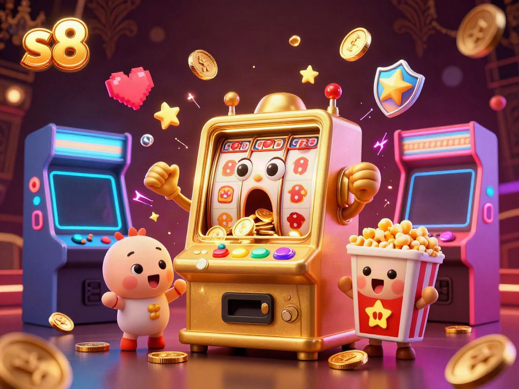S8's exciting jackpot celebration with a golden slot machine, cheering baby slots, and dynamic gaming elements.