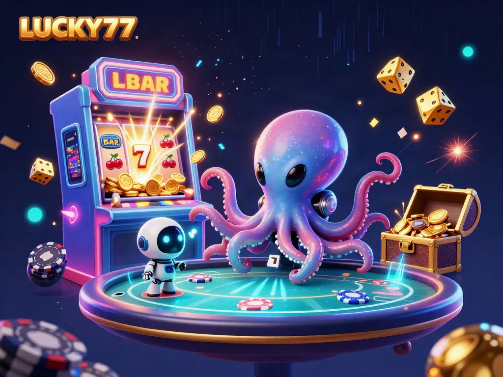 Experience LUCKY77 with a vibrant alien casino scene featuring rich visuals and animated characters.