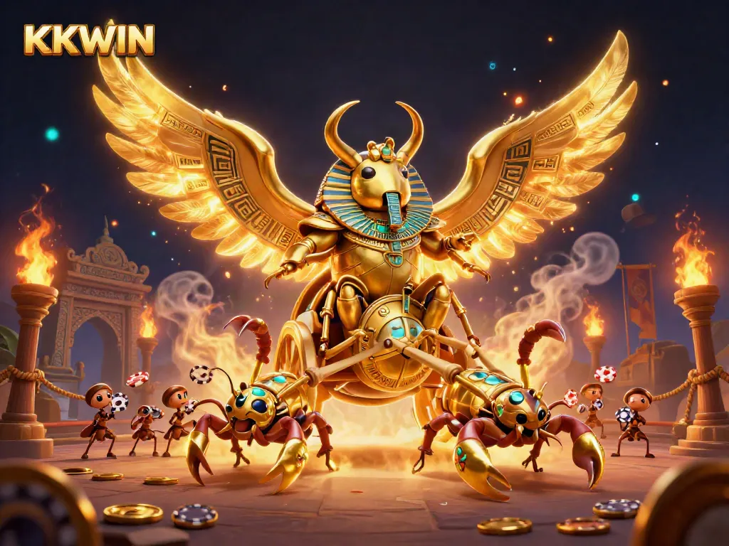 Win big with KKWIN's 3D casino adventure featuring colossal beetles and poker chips.