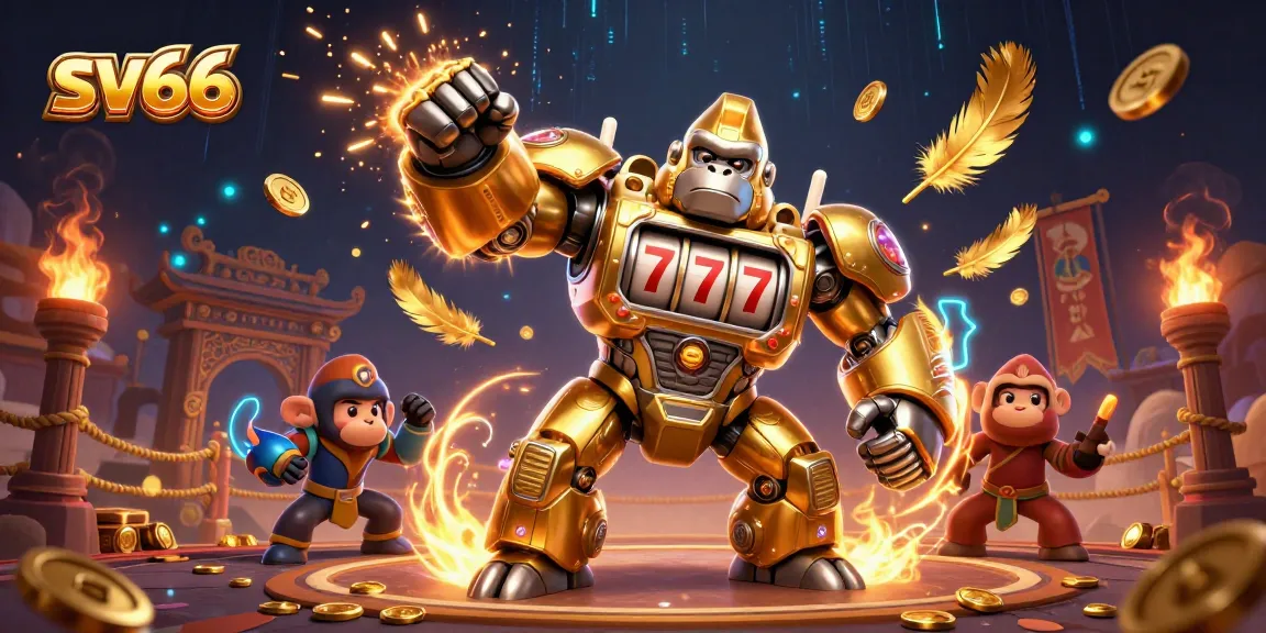 Experience casino excitement with sv66 featuring a golden gorilla mech amidst vibrant gaming elements.