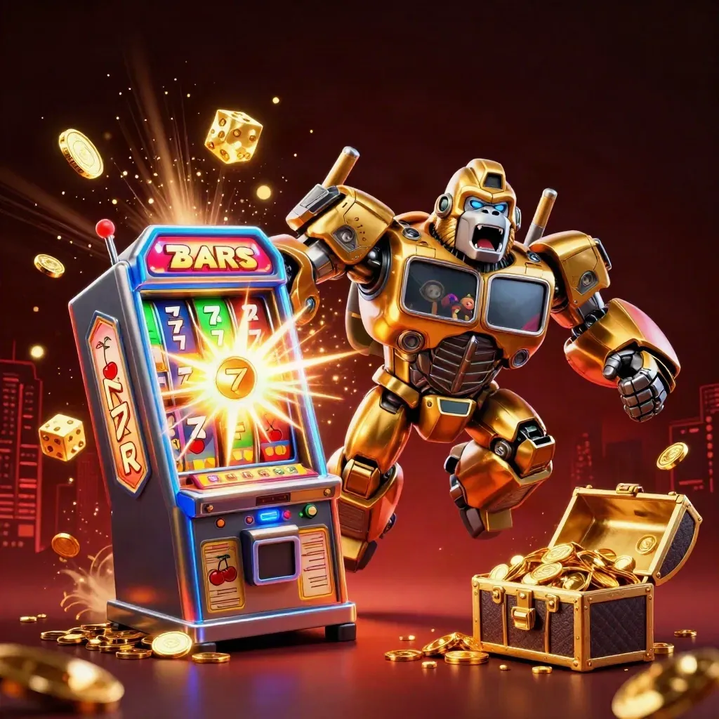 Golden gorilla mech with monkey pilot, exploding slot machine, gold dice and treasure under blue glow.