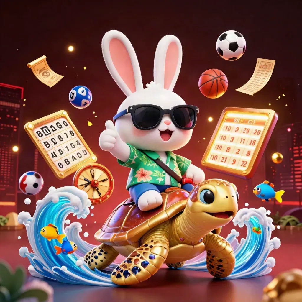 Lucky rabbit rides a gold turtle amid sports balls, casino props, and neon glow.