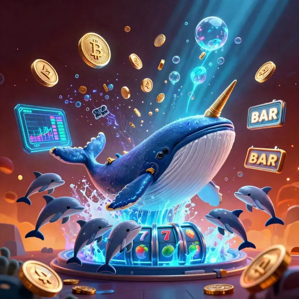 Cartoon whale captain, narwhal, and dolphins burst through coins with neon casino energy.