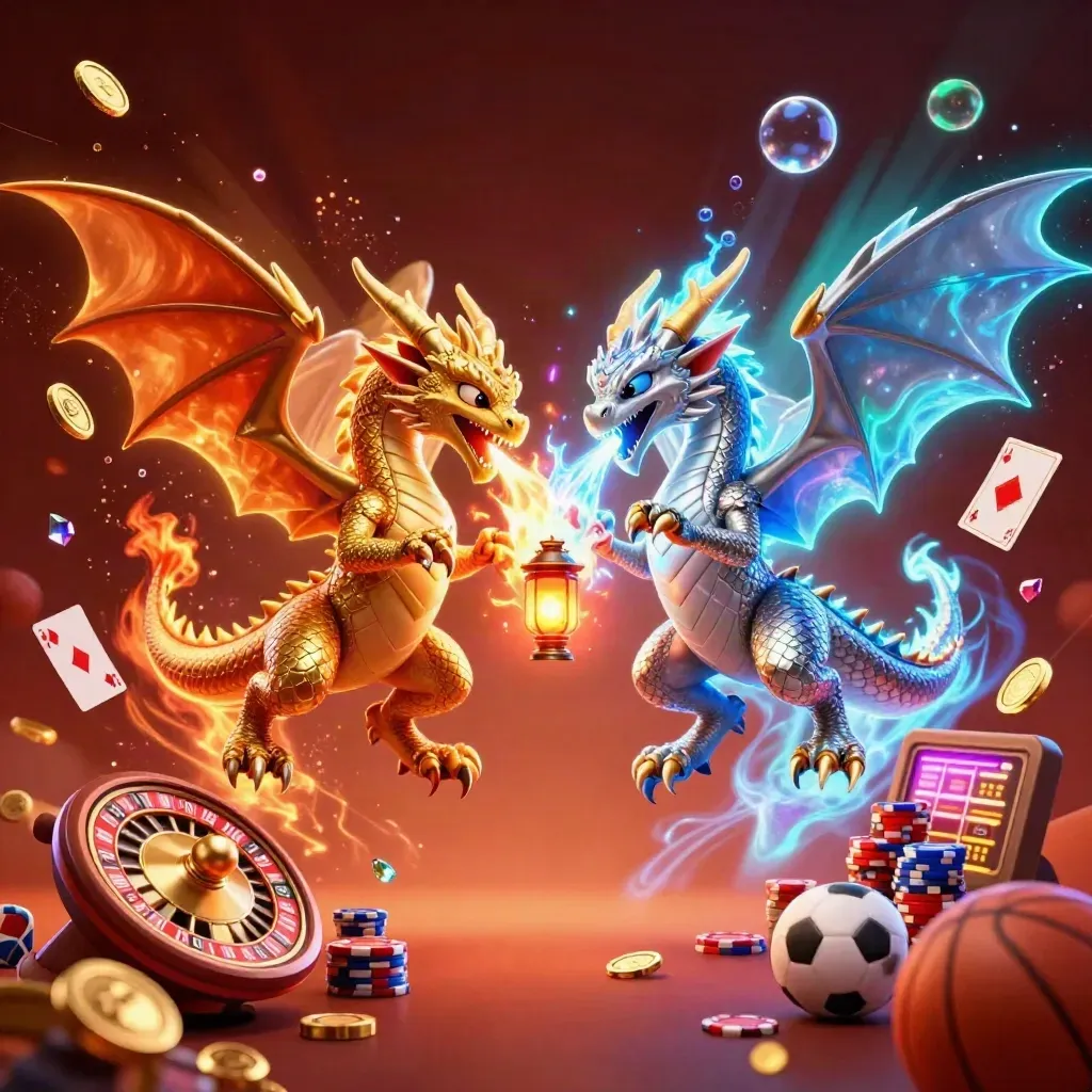 Two dragons spiral with casino icons, sports balls, coins, and blazing light.