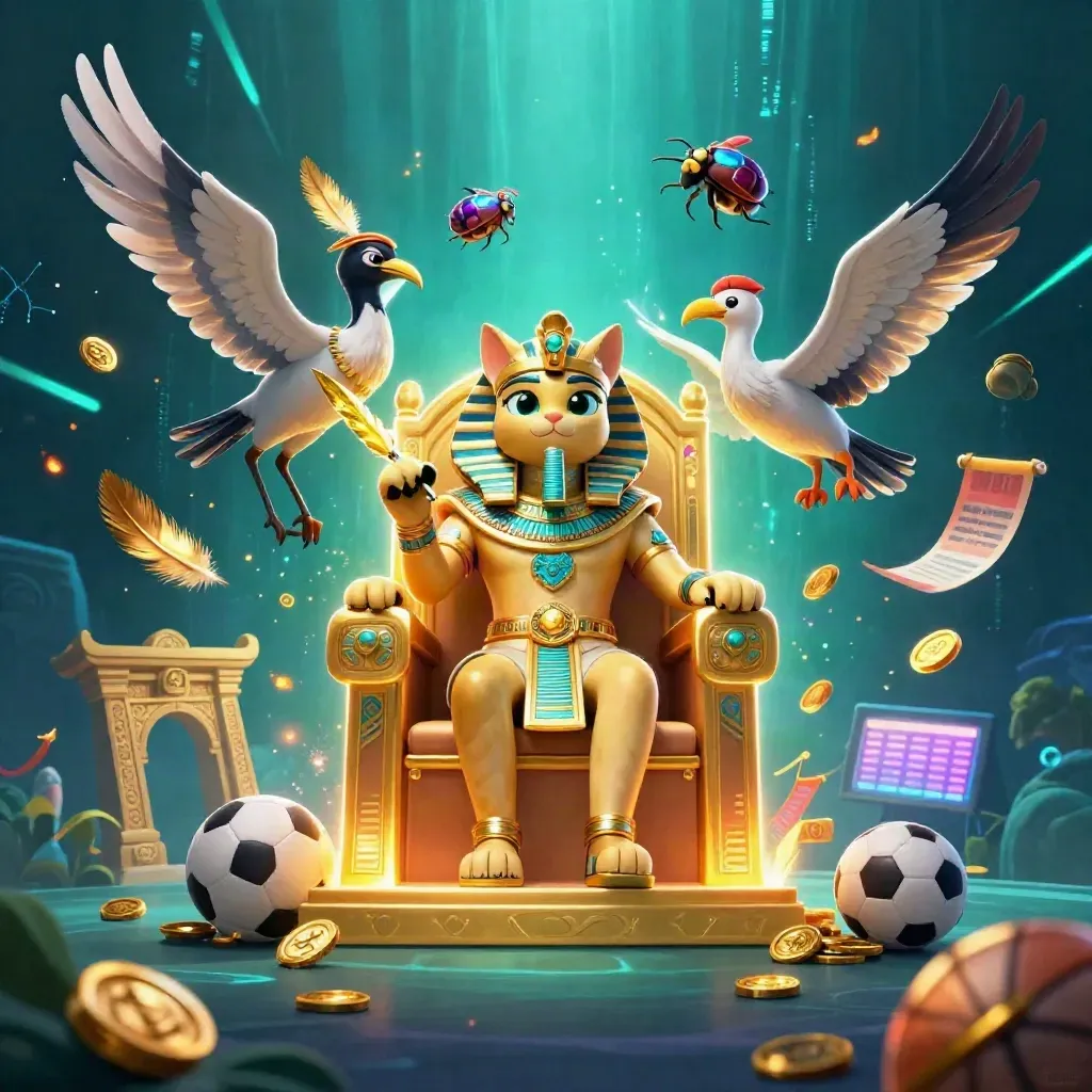 Pharaoh cat, ibis scribe, scarabs, gold coins and sports balls in a neon casino splash scene