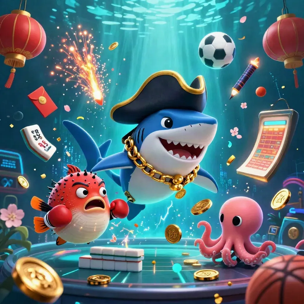 Pirate shark, boxing pufferfish, and juggling octopus amid casino coins and underwater light.