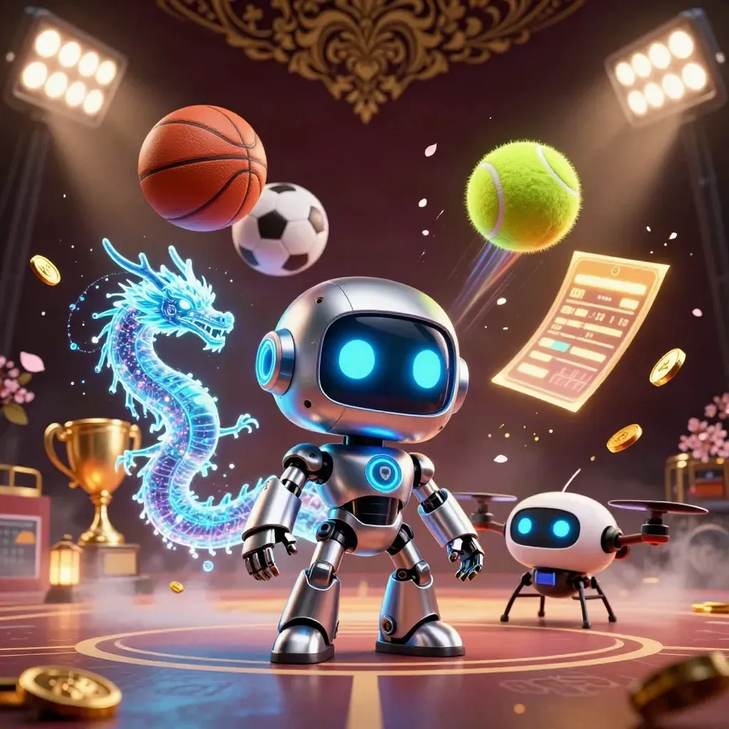 Cyberpunk robot, dragon and drone amid flying balls, coins and gold light on a dark casino court.
