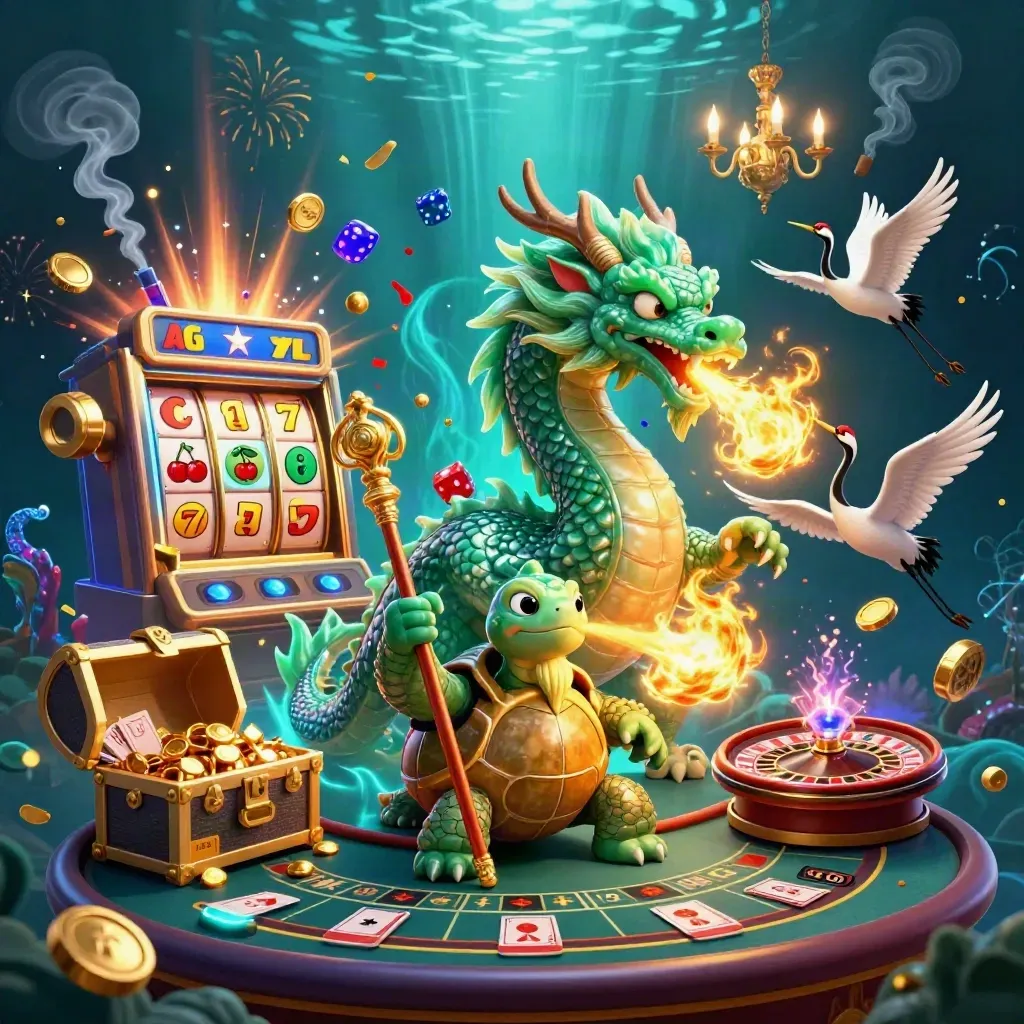 Dragon, turtle sage, cranes, slot machine, and casino effects in a luxe teal-blue scene.