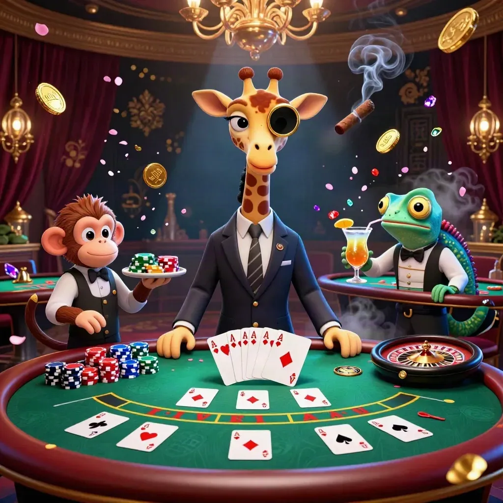 Giraffe, monkey valet, and chameleon bartender in a luxe casino room with chips, cards, and glowing brass.
