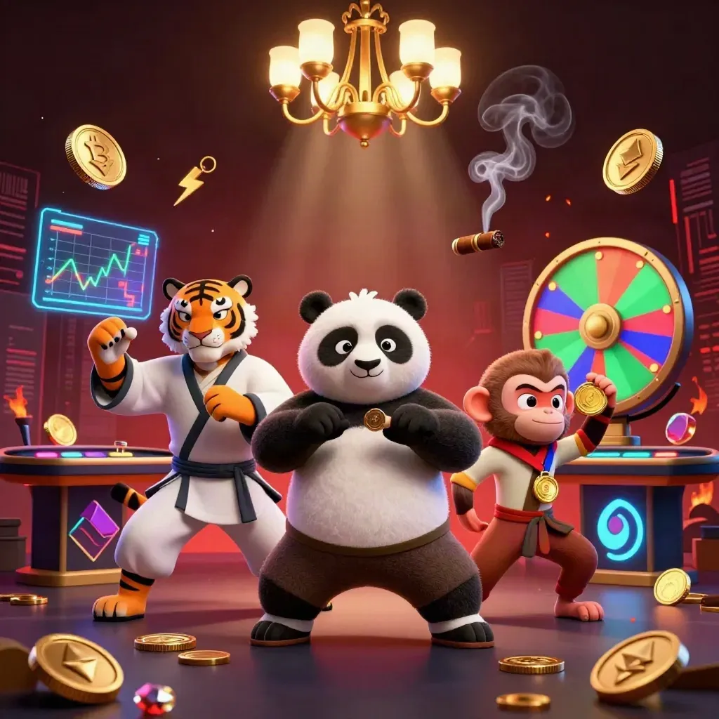 Kung-fu tiger, panda, and monkey in a luxe casino room with neon coins and a spinning wheel.