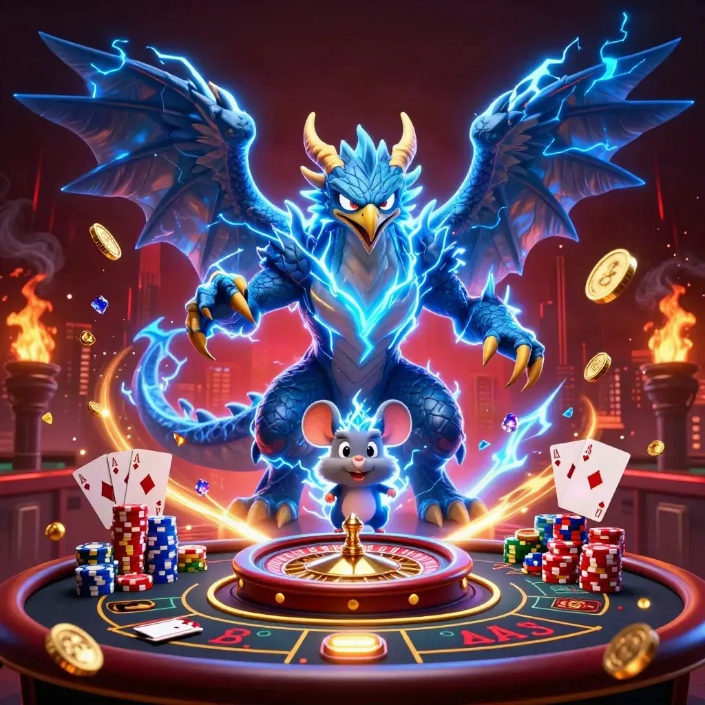 Thunder dragon, wind hawk, and static mouse amid casino coins, gems, roulette wheel, and glowing lights.