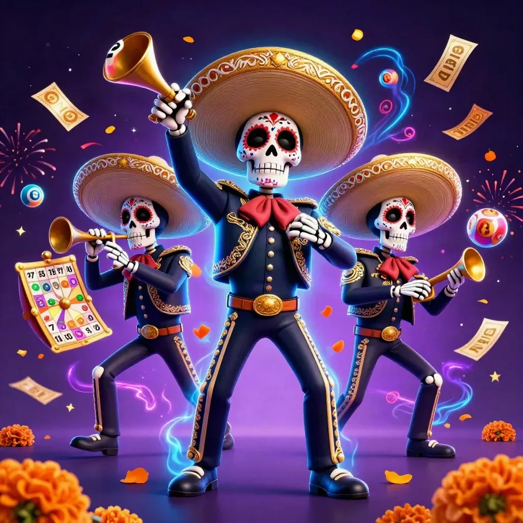 Three mariachi skeletons amid casino magic, lottery balls, prize wheel, confetti, and blue neon glow.