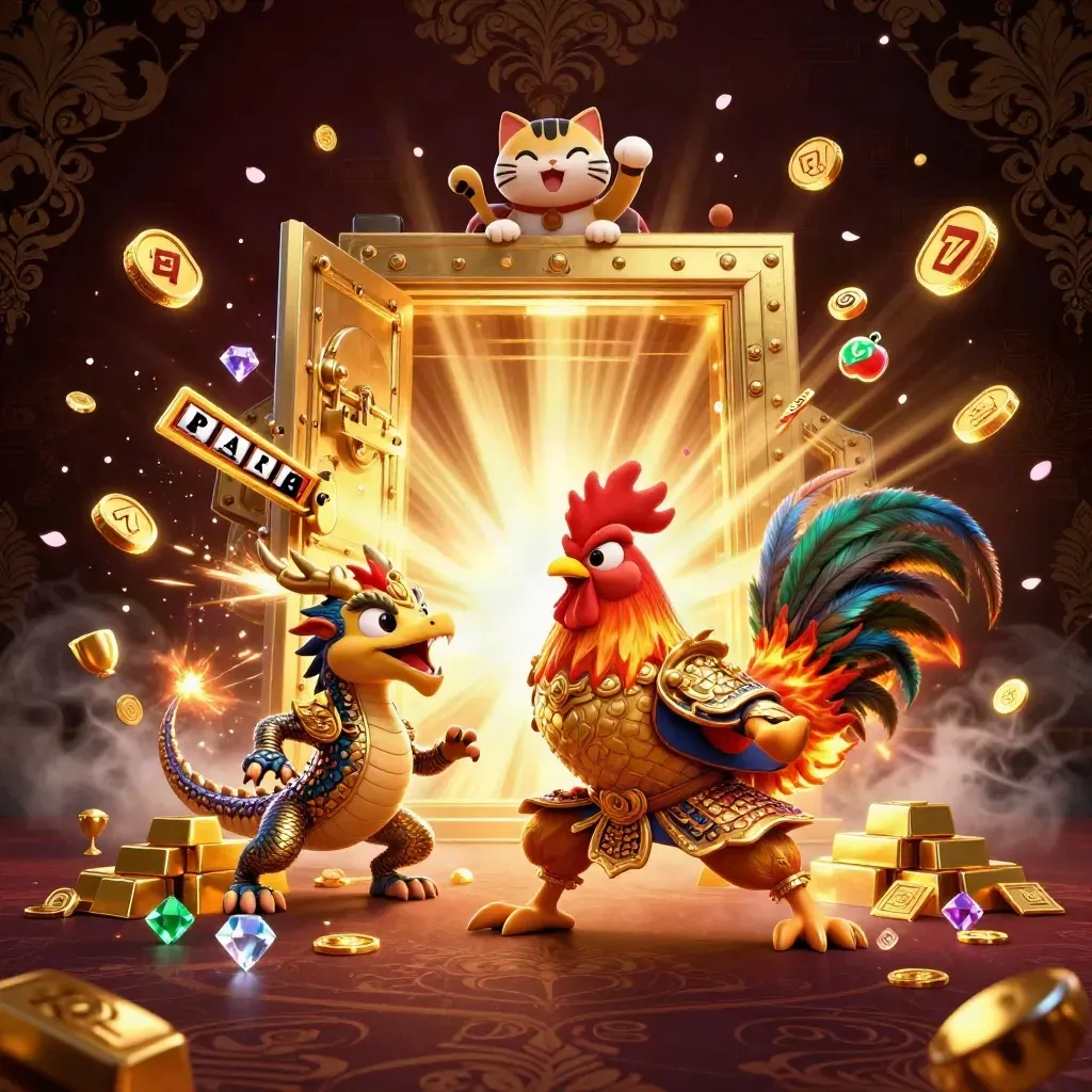 Rooster warrior, dragon hatchling, and fortune cat burst from a treasure vault in a blue-gold casino fantasy.