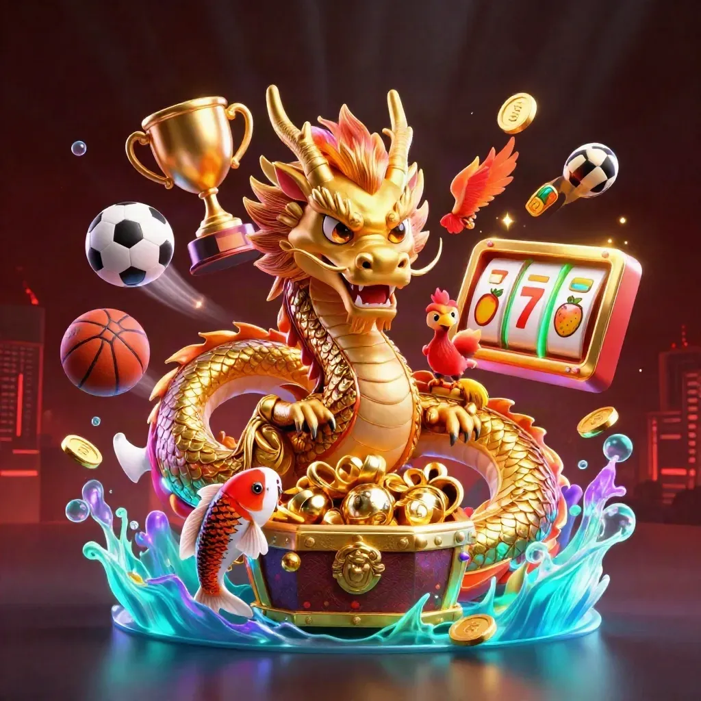 Golden dragon, red phoenix, koi and casino props bursting through electric-blue casino glow