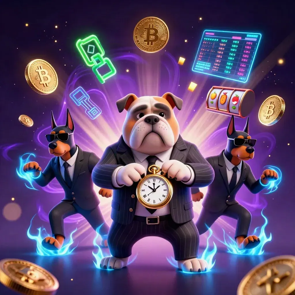 Mafia-boss bulldog with two Dobermans amid neon crypto coins, slot symbols, and blue lightning.