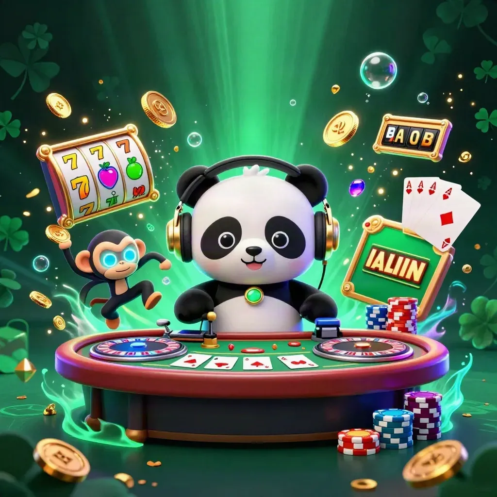 DJ panda, dancing monkey, and rave kitten amid neon casino chaos, chips, cards, and glowing treasure