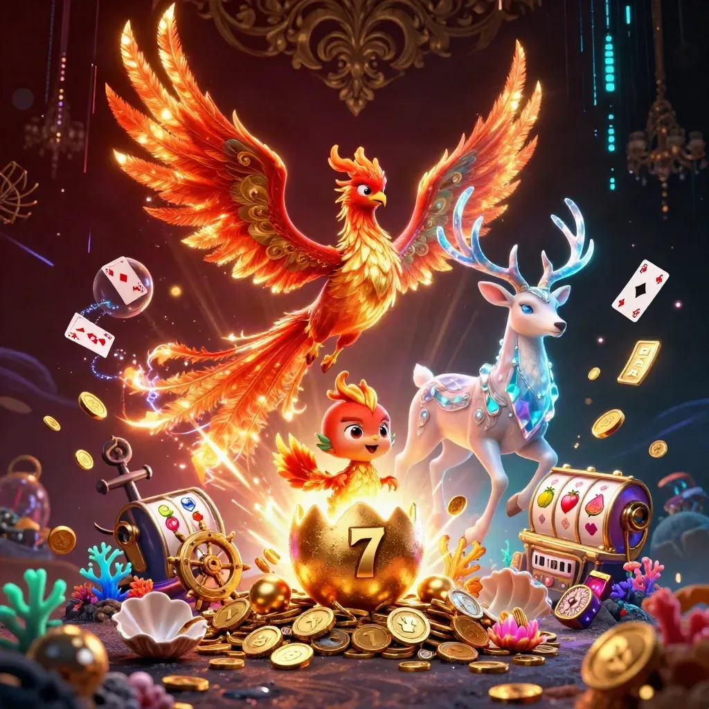 Phoenix, baby phoenix, and crystal stag amid casino treasure, coins, coral, and electric blue glow.
