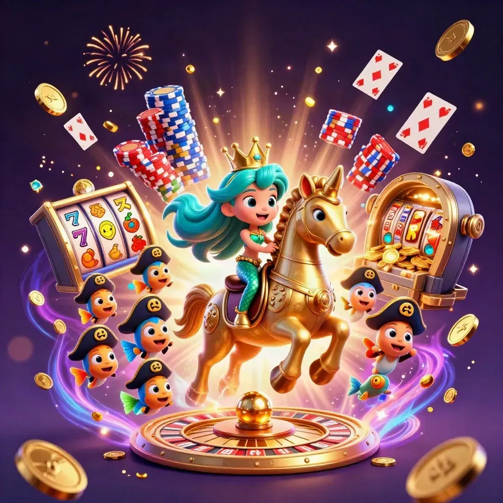 Mermaid princess on a gold seahorse amid coins, chips, roulette, cards, and fireworks in neon casino glow