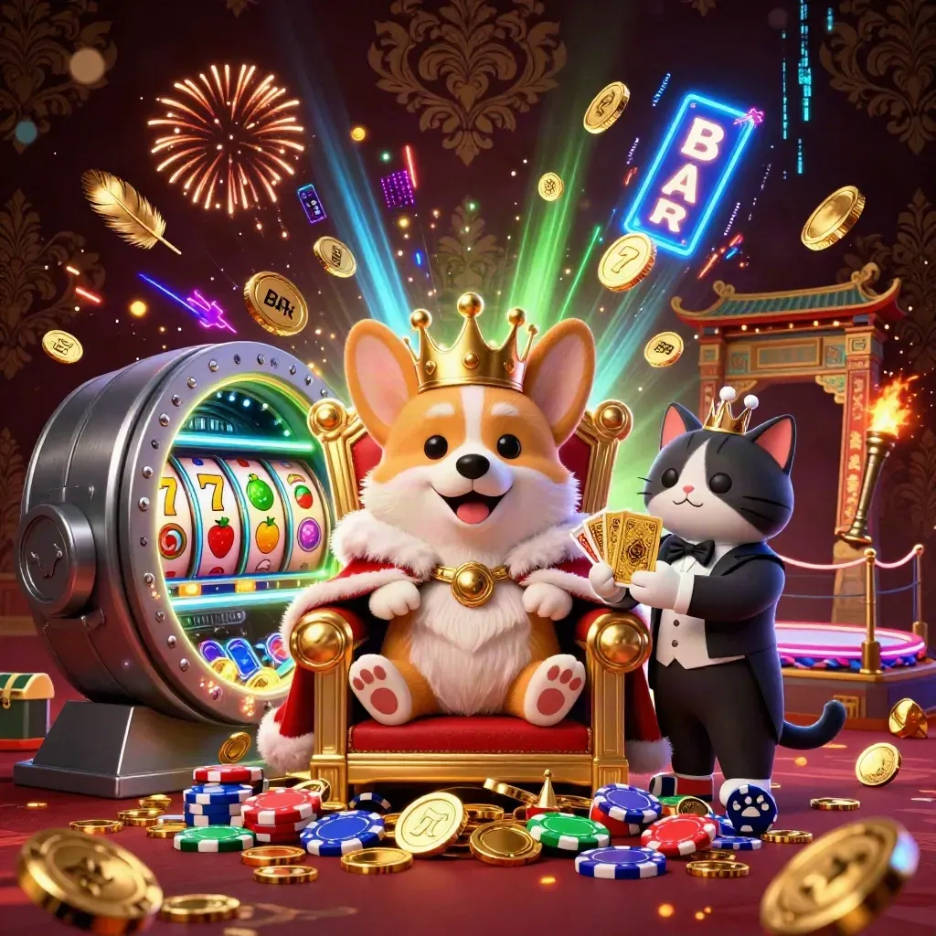 Royal corgi and cat butler amid coins, reels, fireworks, and neon casino glow.
