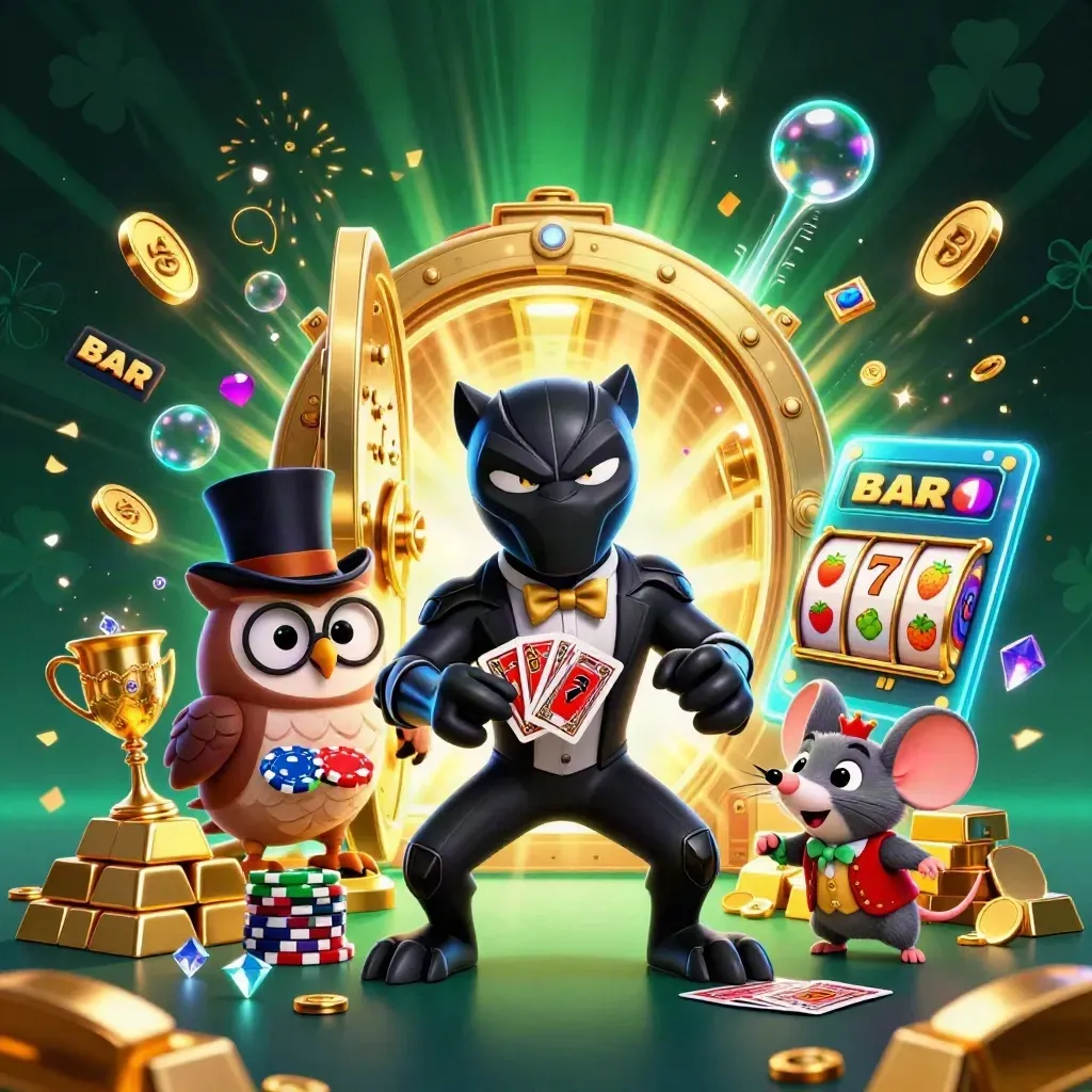 Panther, owl, and mouse celebrate as a vault bursts with gold, gems, reels, and glowing casino effects.