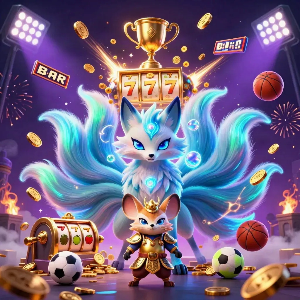Neon fox spirit and golden mouse amid coins, slots, trophy, and sports balls in a casino burst.