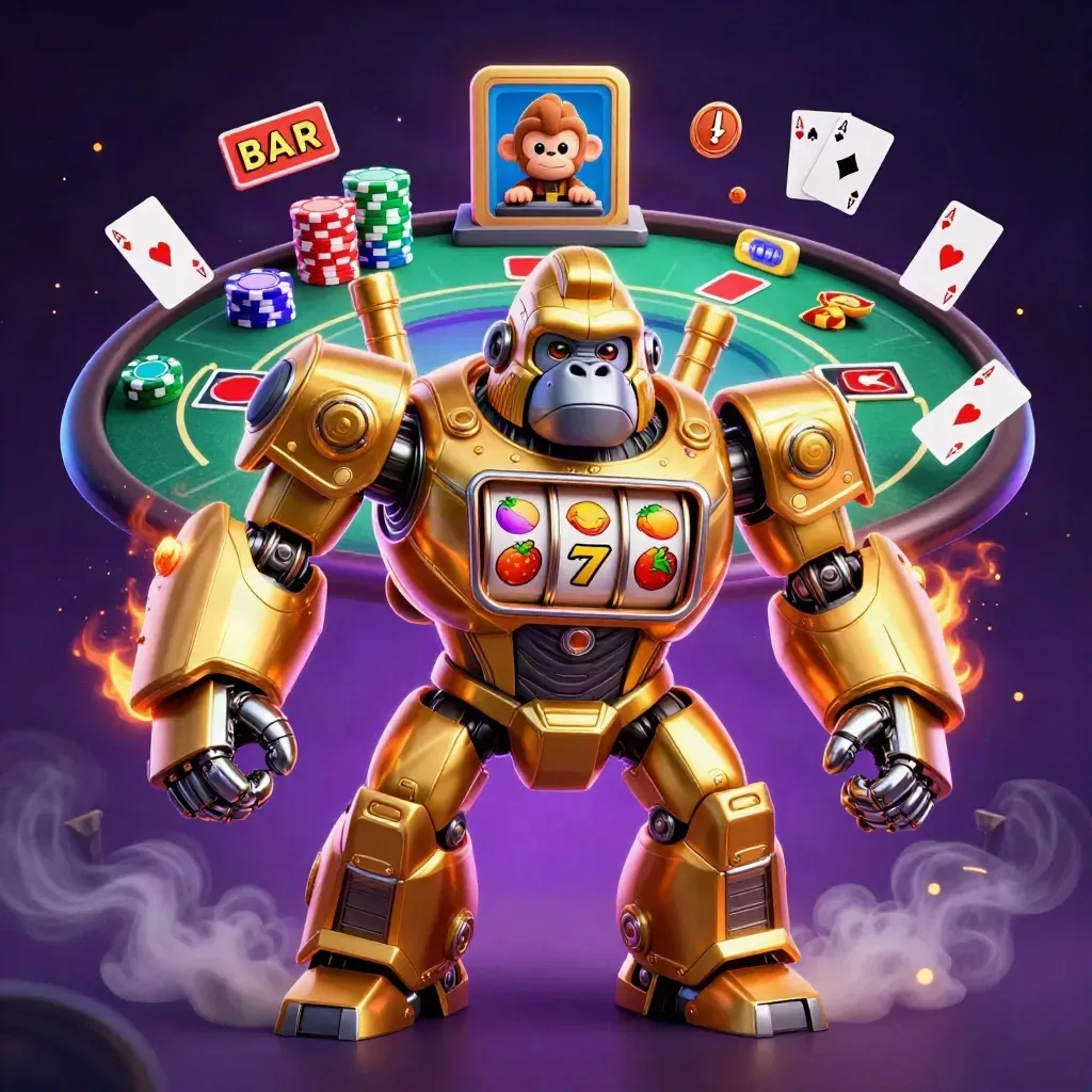 Golden gorilla mech with monkey pilot, slot reels, poker chips, and casino energy.