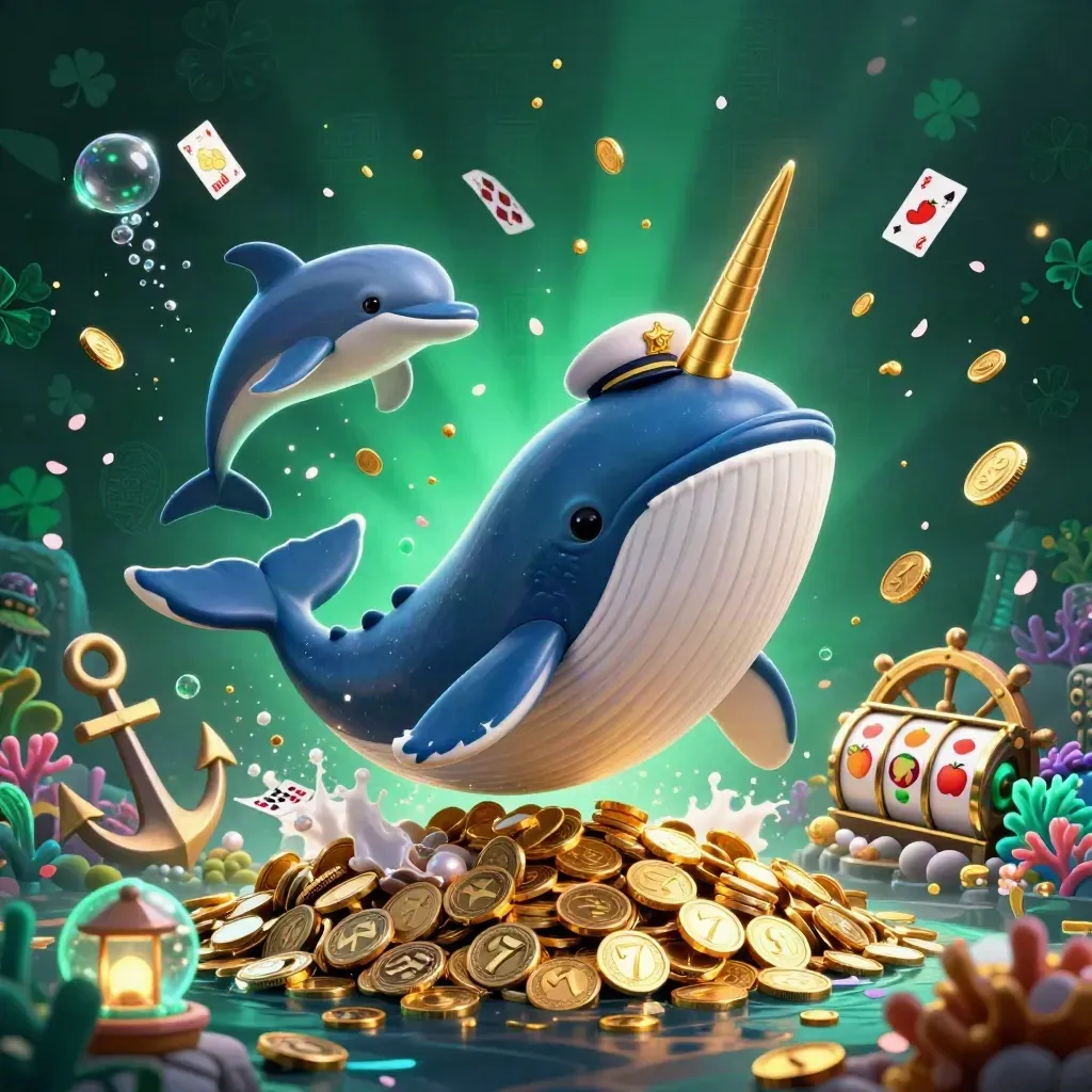 Captain whale, narwhal and dolphins burst through coins in a dark emerald casino cove with glowing reels.