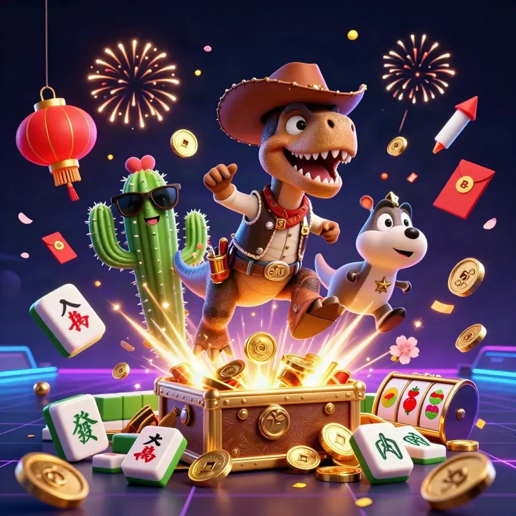 Cowboy T-Rex, cactus, and roadrunner amid coins, fireworks, and casino treasure glow