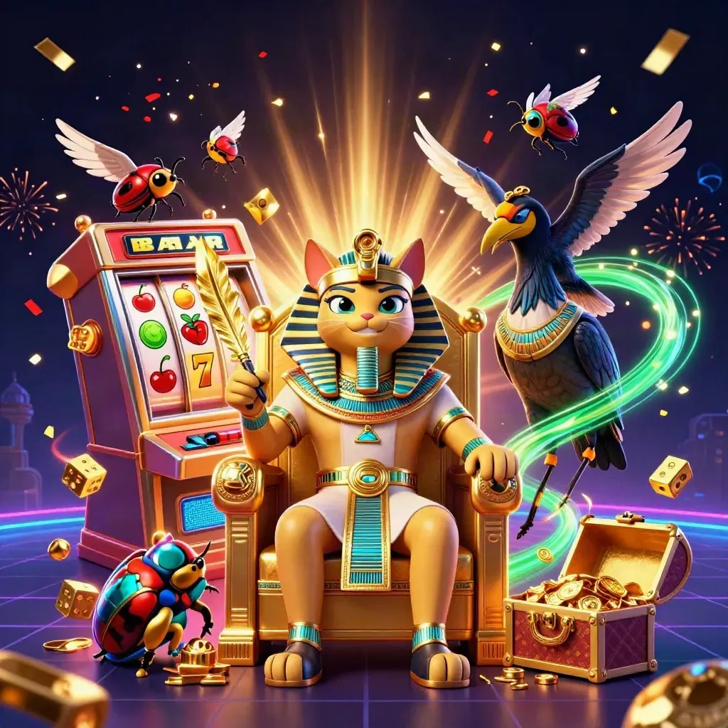 Pharaoh cat on golden throne with ibis scribe, scarabs, and slot bursts in a neon casino sky.