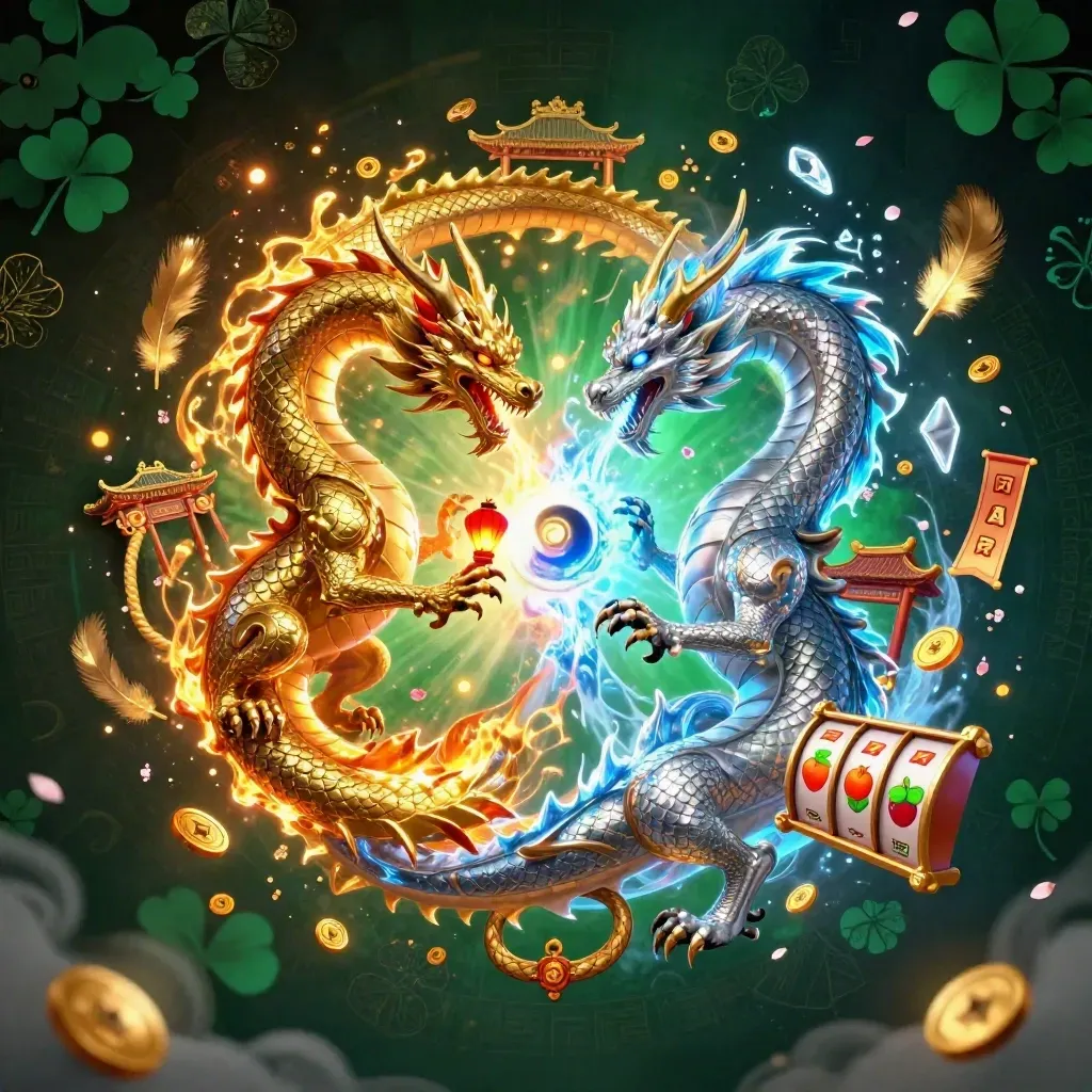 Gold and silver dragons spiral around a lantern spirit with casino icons and lucky symbols.