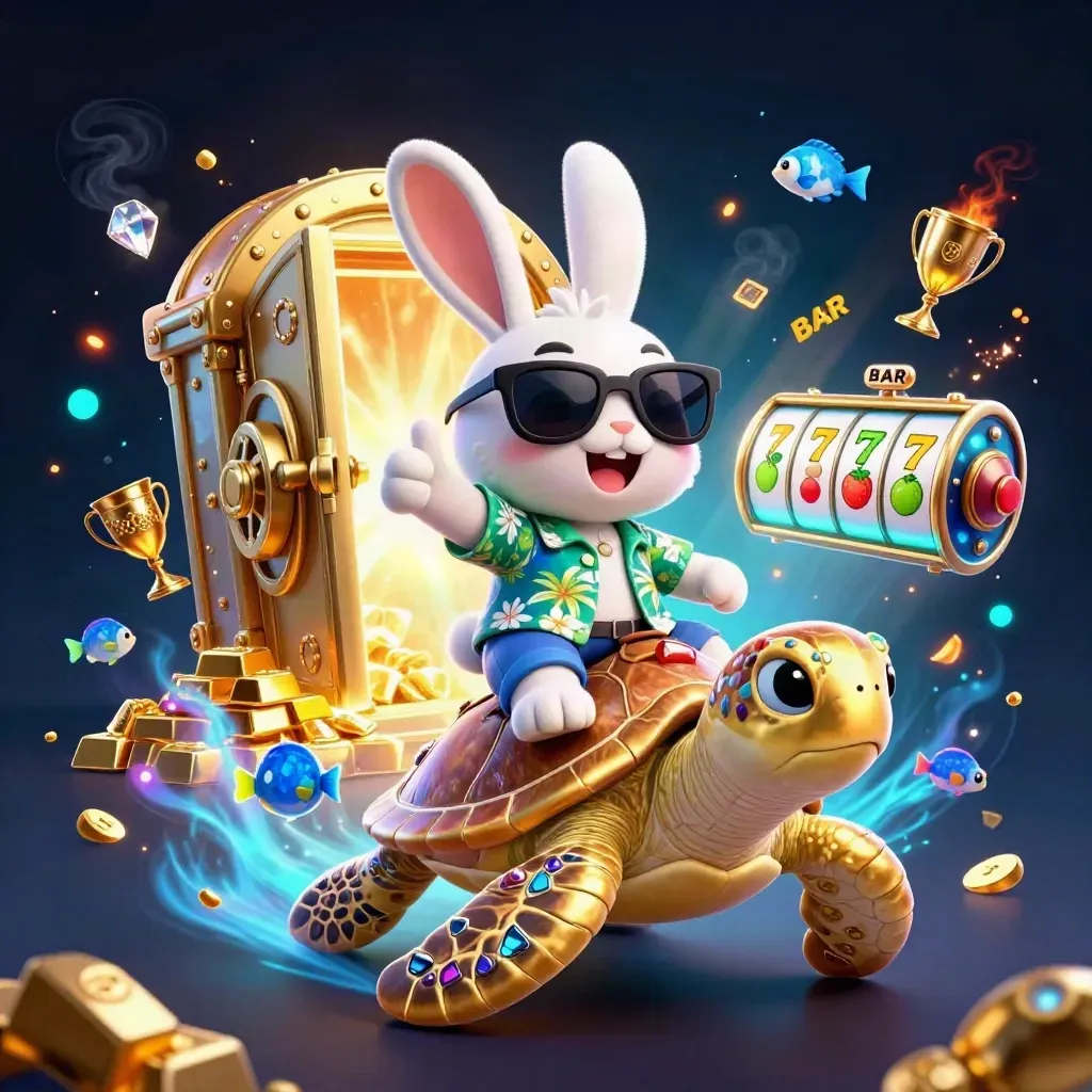 Lucky rabbit rides a golden gem-shelled turtle amid casino loot and glowing slot symbols