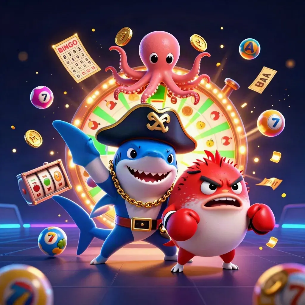 Shark captain, boxing pufferfish, and coin-juggling octopus amid casino reels and glowing prizes