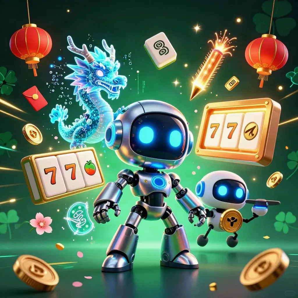 Cyberpunk robot, holographic dragon, and coin drone amid casino treasures and neon sparks.